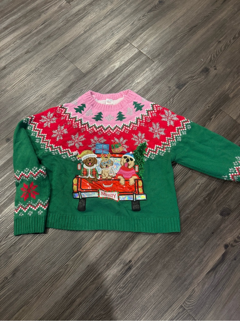 Kids Holiday Sweater - Green & Pink Festive Truck Crewneck
